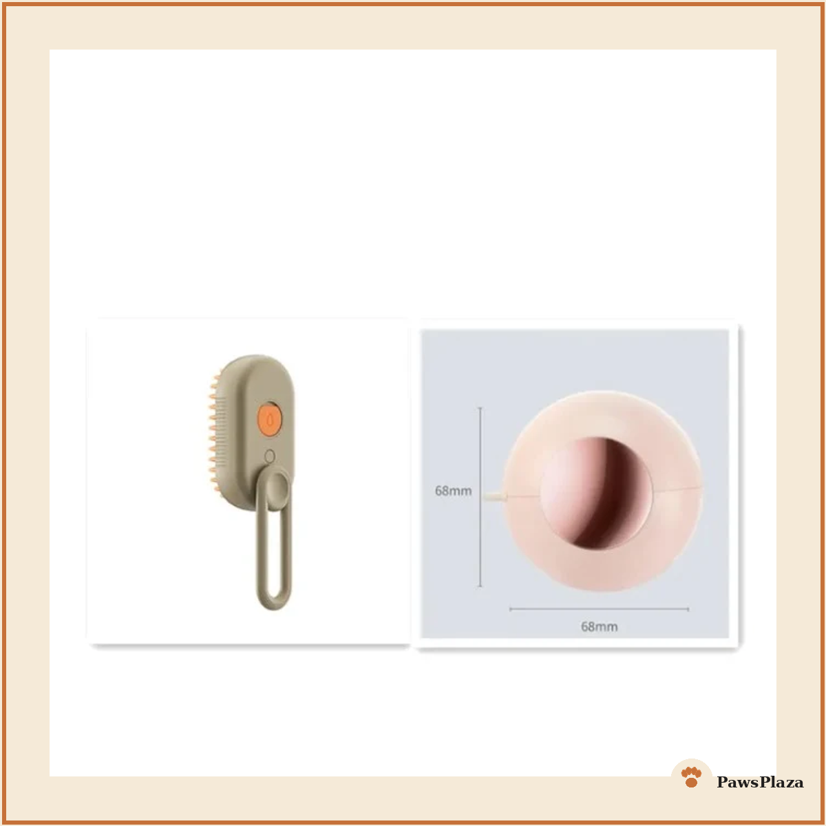 Pet steam grooming brush, size comparison diagram