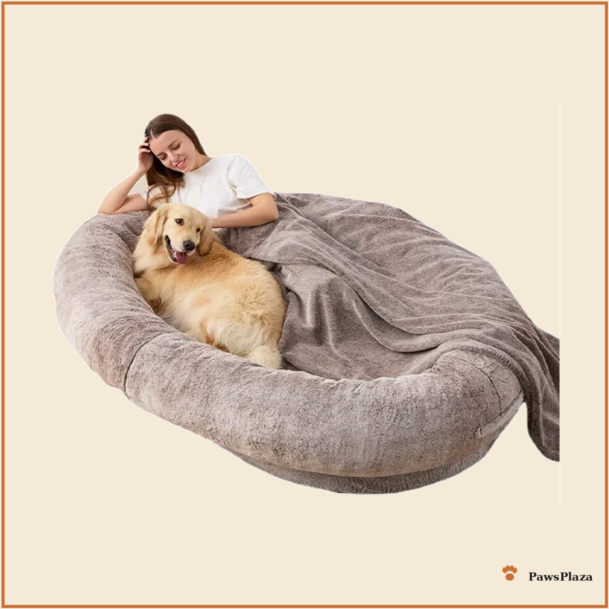 Large human-sized plush dog bed, tan, lifestyle photo