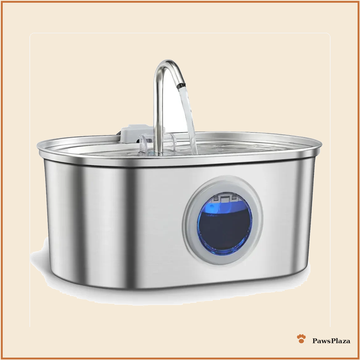 PawsPlaza stainless steel pet water fountain, 3.2L, front view with water flowing