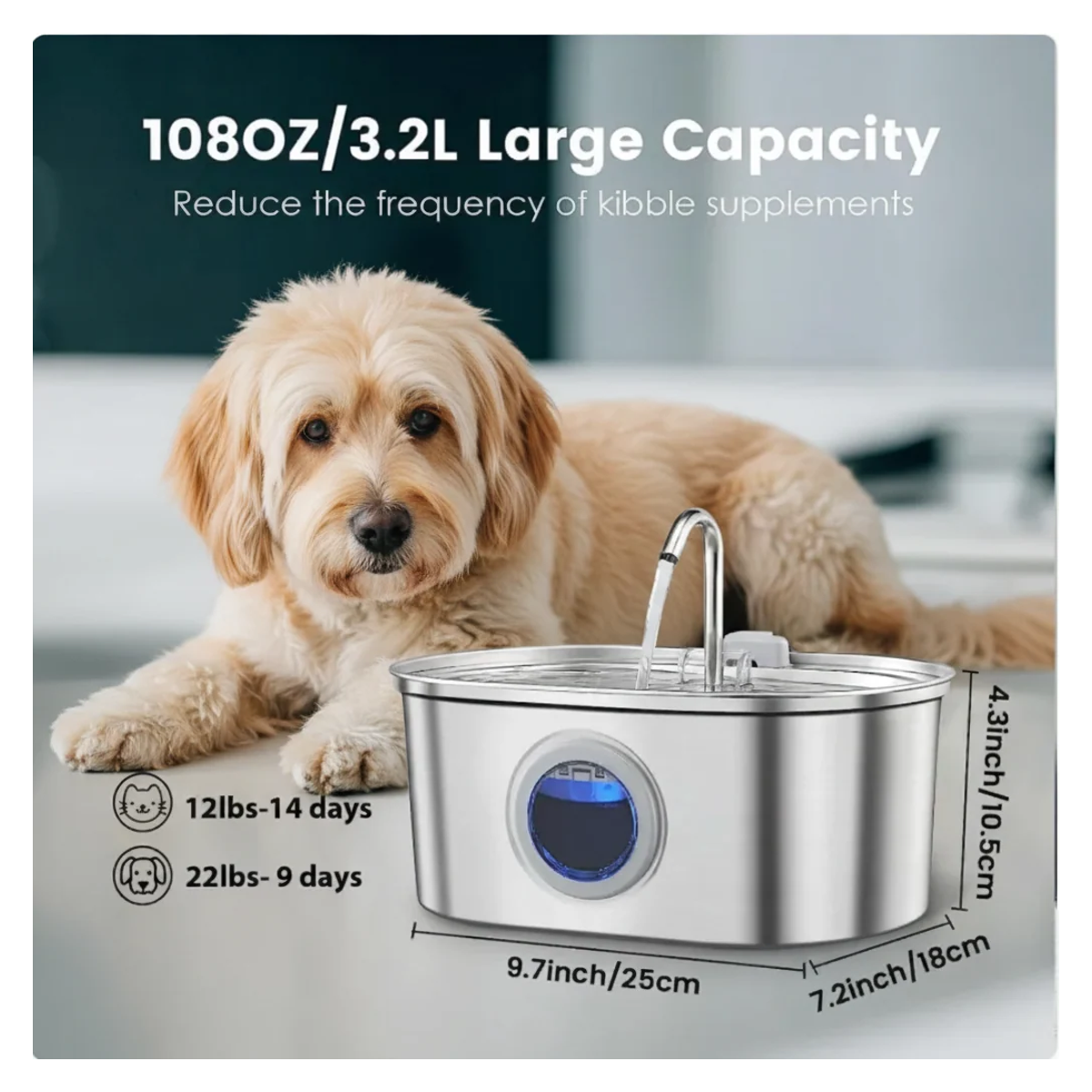 Stainless steel pet water fountain, 108oz/3.2L large capacity, with dog