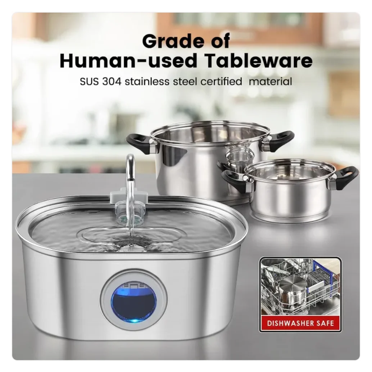 Stainless steel pet water fountain, human-grade tableware quality stainless steel