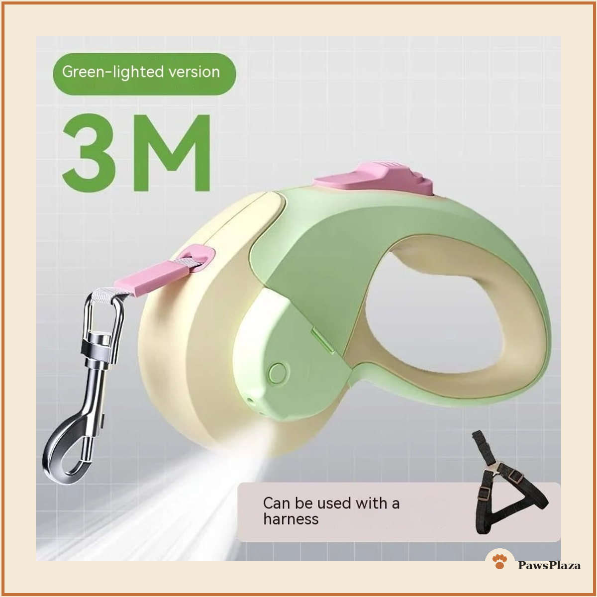 PawsPlaza LED retractable dog leash, mango green, 3m, light-up cord