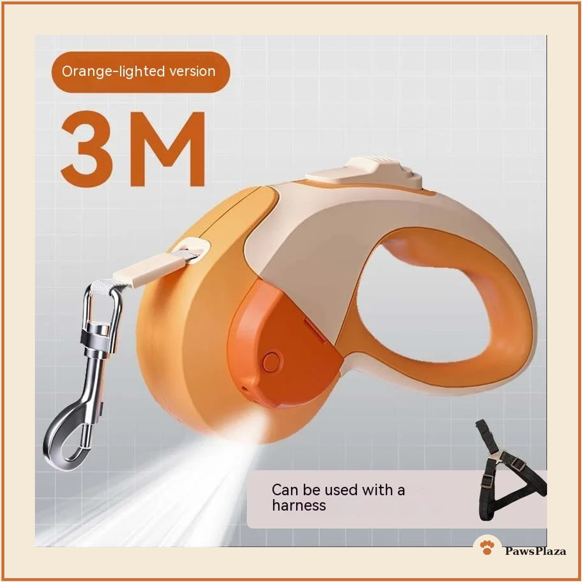 PawsPlaza LED retractable dog leash, orange, 3m, light-up cord