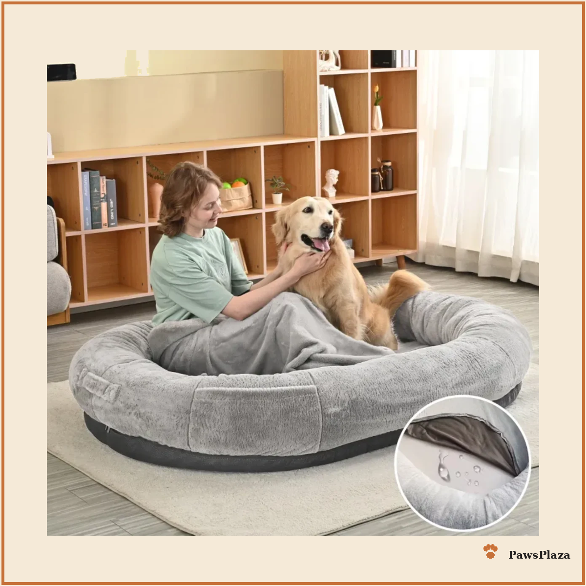 Child and dog relaxing together on oversized human-dog bed