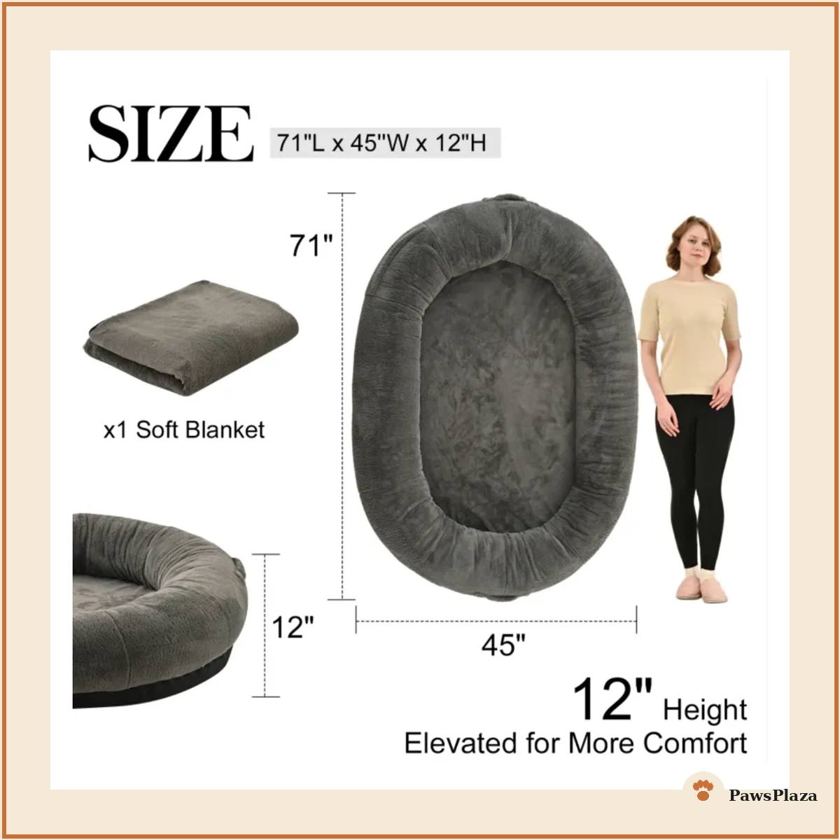 Oversized human-dog bed, dimensions 71 x 45 x 12 inches