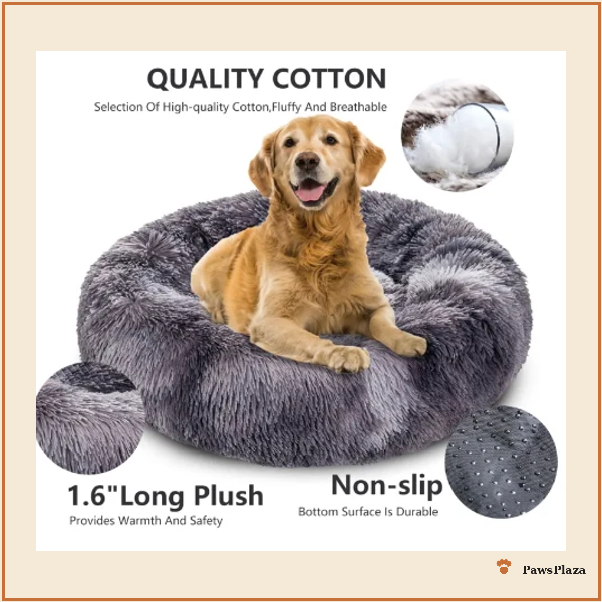 Calming donut bed, quality cotton, plush and non-slip, with golden retriever
