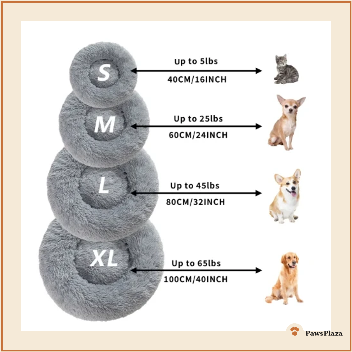 Calming donut bed, size guide S/M/L/XL for dog weight