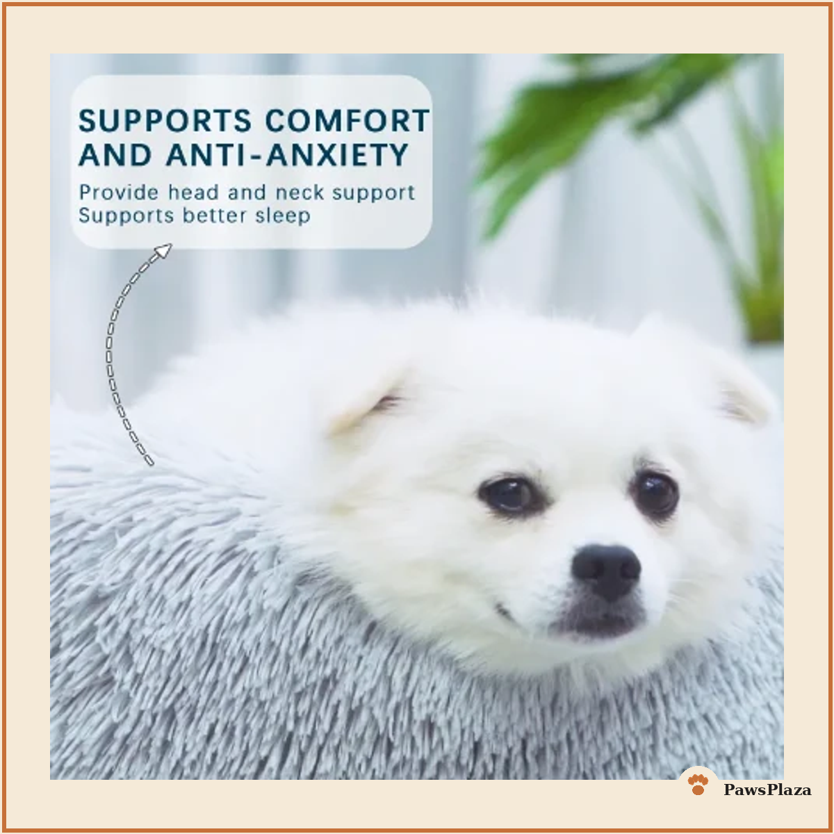 Calming donut bed, supports comfort and anti-anxiety, with white dog