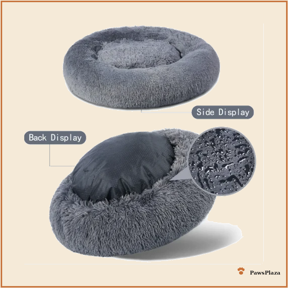 Calming donut bed, grey, side and back display views